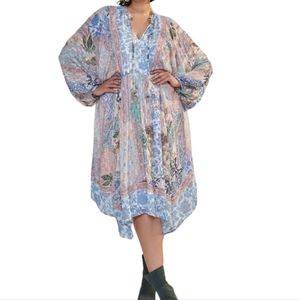 Anthropologie Plus Cressida Floral Puff Sleeve Gold Sparkle Flowing Midi Dress